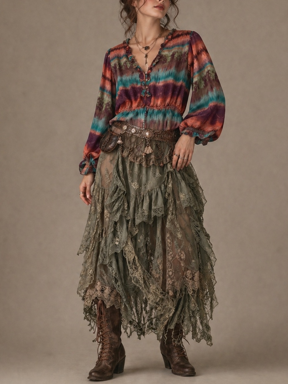 New Directions Sheer Tie-Dye Boho Ruffle Blouse L Whimsigoth Fairycore Top